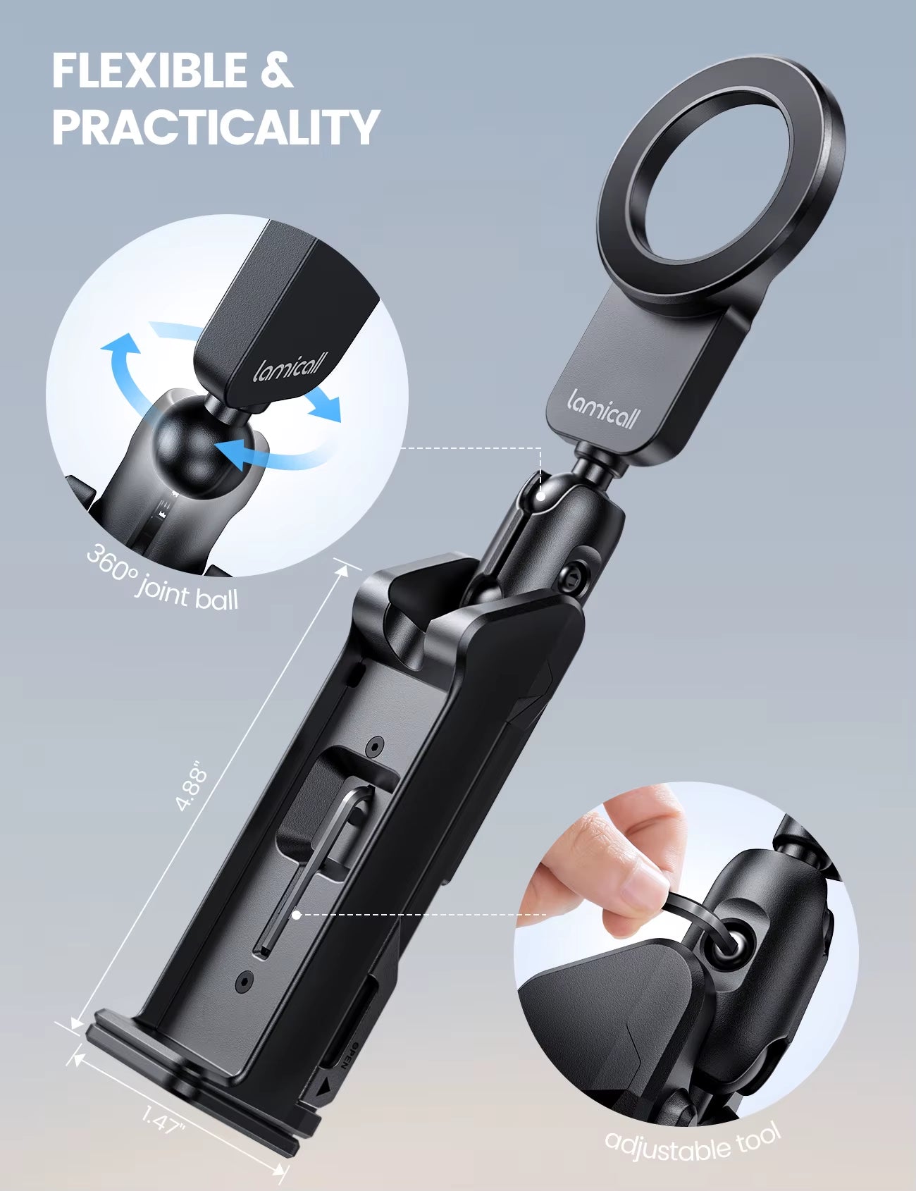 Lamicall STRL02 Magnetic Airplane Phone Holder Travel Mount Strong Clamp for Tray Table Luggage Handle 360 Rotation Free Stand