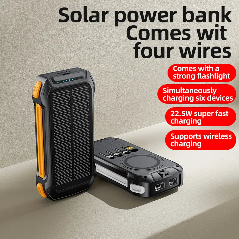 36000mAh Solar Portable Charger with 22.5W High-Speed Charging, Wireless Power Bank, QC3.0 Fast Charging, USB-C and Four Ports, Dual LED Flashlight, Outdoor Emergency Battery Pack