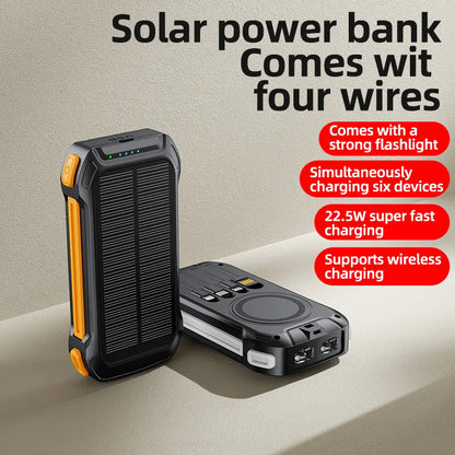 36000mAh Solar Portable Charger with 22.5W High-Speed Charging, Wireless Power Bank, QC3.0 Fast Charging, USB-C and Four Ports, Dual LED Flashlight, Outdoor Emergency Battery Pack