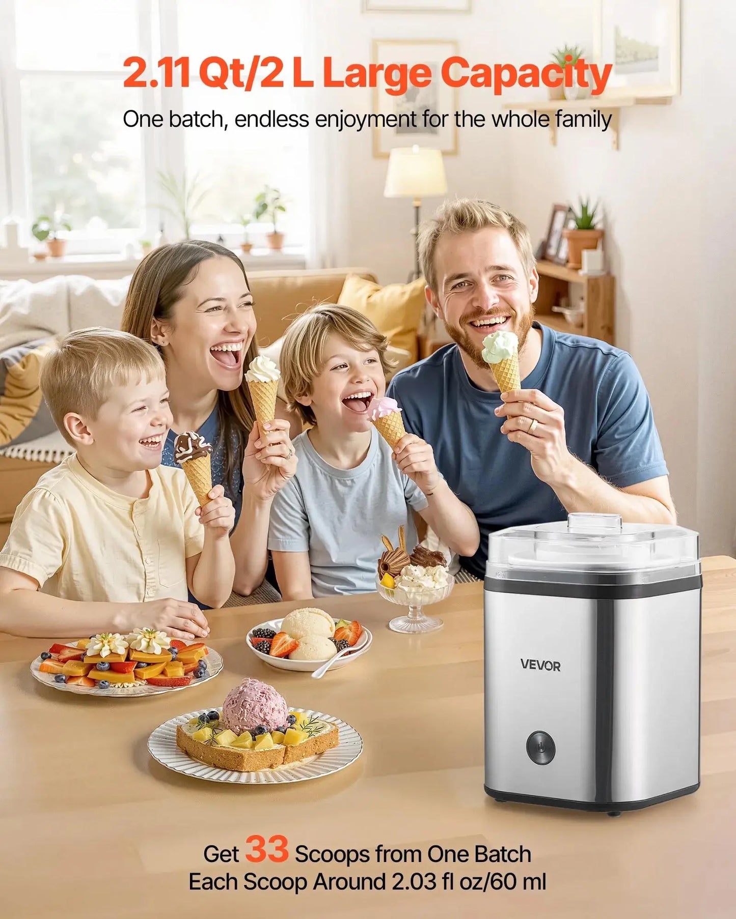 【Summerfinds】Vevor Ice Cream Maker, 2.11 Qt. Large Capacity, Electric Automatic Ice-Cream Machine, with Easy Operation & Cleaning, Stainless Steel Shell, for Homemade Frozen Yogurt, Fruit Sorbet, Gelato, Silver