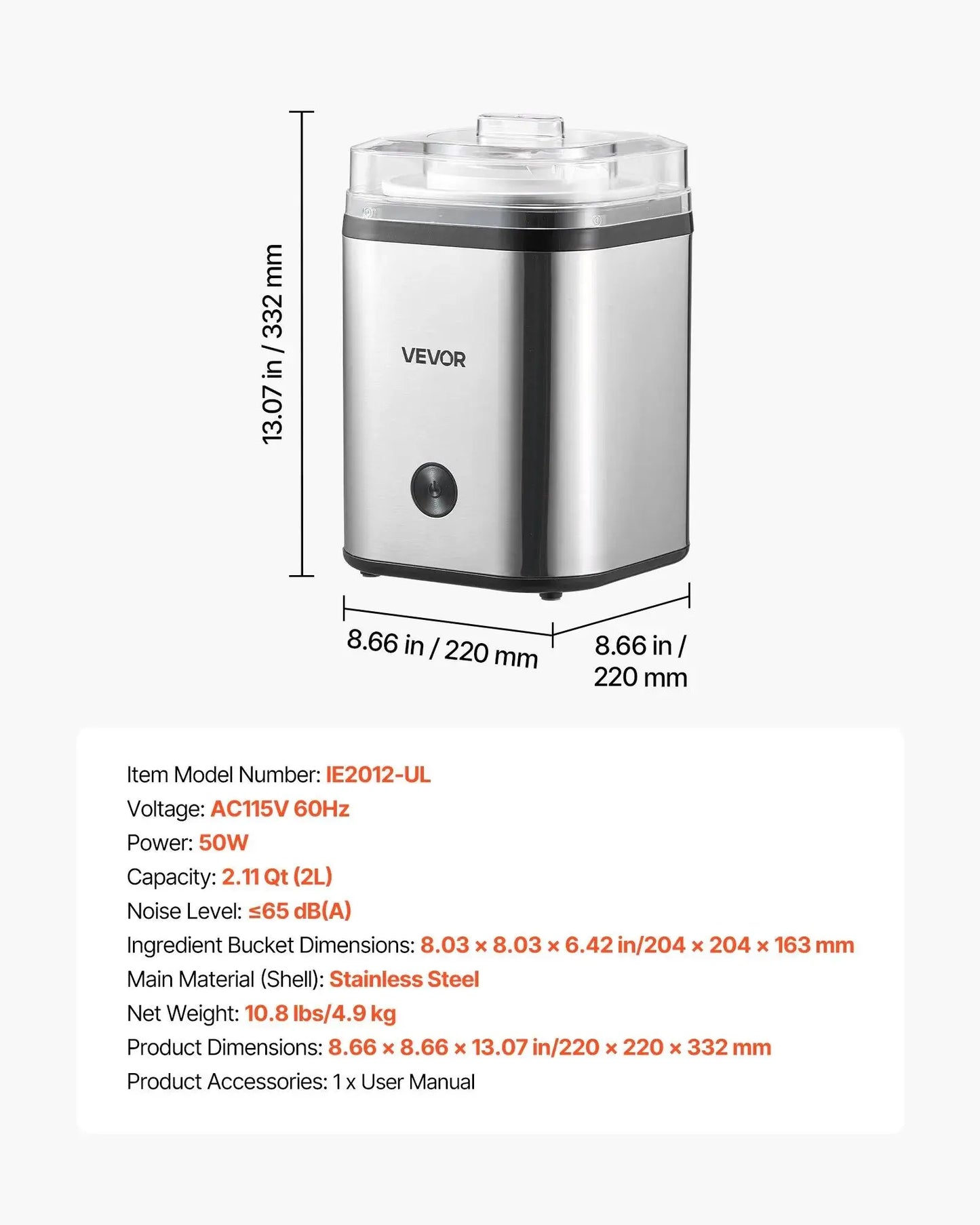 【Summerfinds】Vevor Ice Cream Maker, 2.11 Qt. Large Capacity, Electric Automatic Ice-Cream Machine, with Easy Operation & Cleaning, Stainless Steel Shell, for Homemade Frozen Yogurt, Fruit Sorbet, Gelato, Silver