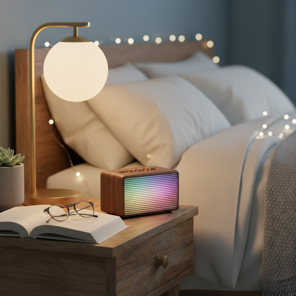 Mini Retro Bluetooth Speaker lifestyle photo on bedside nightstand