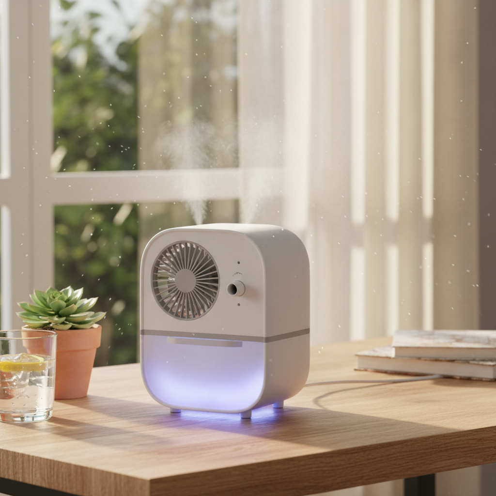 BreezeGlow portable air cooler lifestyle photo on a desk